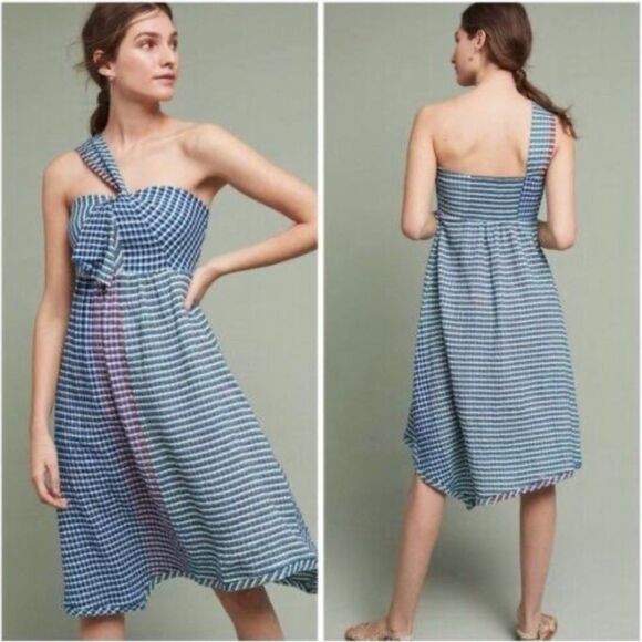 Anthropologie Maeve Waverly Dress Checked One-Shoulder Asymmetrical Blue 10 - Picture 1 of 10
